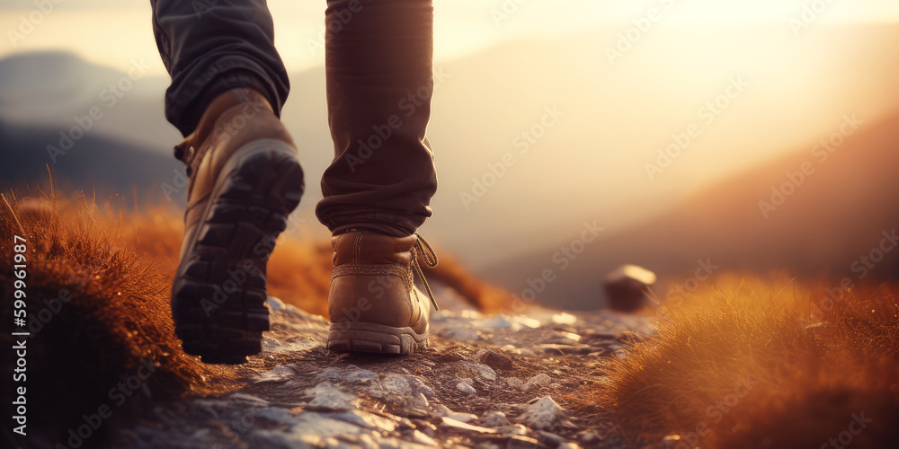 closeup of hiker leather boots on mountain hiking trail at sunset. banner with copy space. generative AI