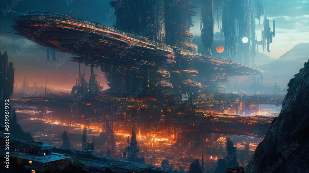 Naklejka premium A city that doubles as a spaceship traveling through. AI generated