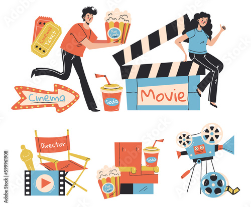 Cinema movie camera hollywood film production isolated set. Vector graphic design illustration