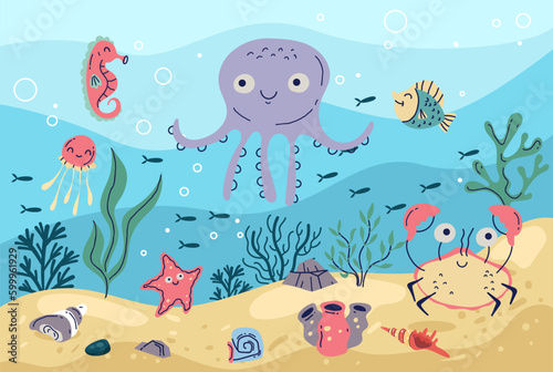 Sea bottom animal underwater ocean reef marine life concept. Vector graphic design illustration