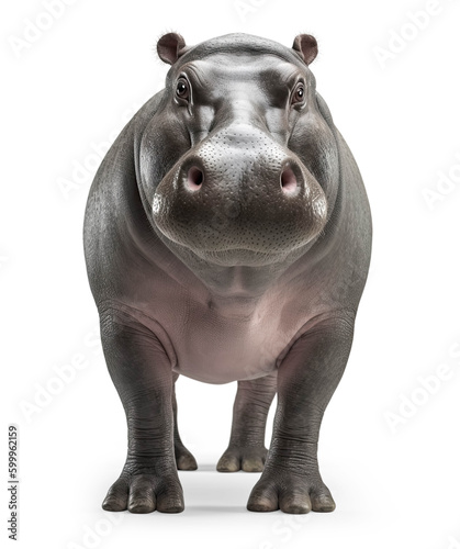 full body shot of a fat funny hippo   hippopotamus looking straight at the camera isolated over a transparent background  wild animal   wildlife   safari or zoo design element  generative AI