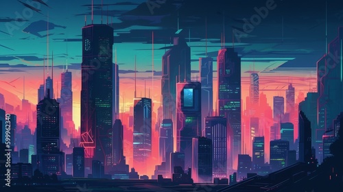 A cityscape with neon lights and towering skyscraper. AI generated