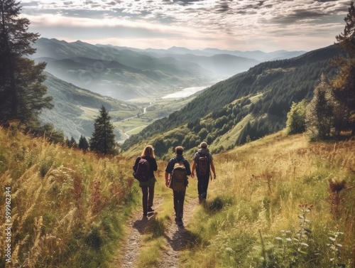 A group of friends hiking along a scenic trail, with a stunning view of a valley and mountains in the distance. Generative AI