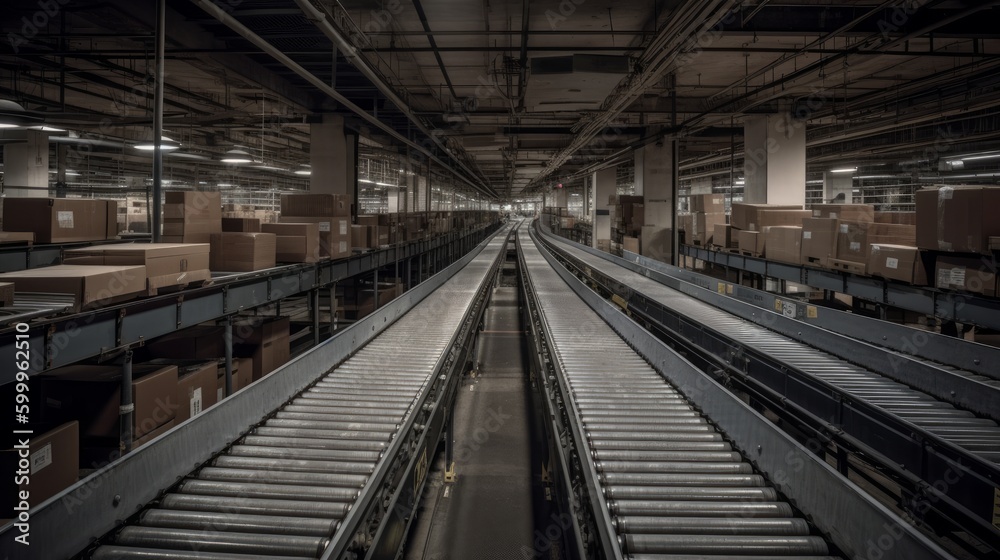 A conveyor belt transporting packages in a sorting. AI generated