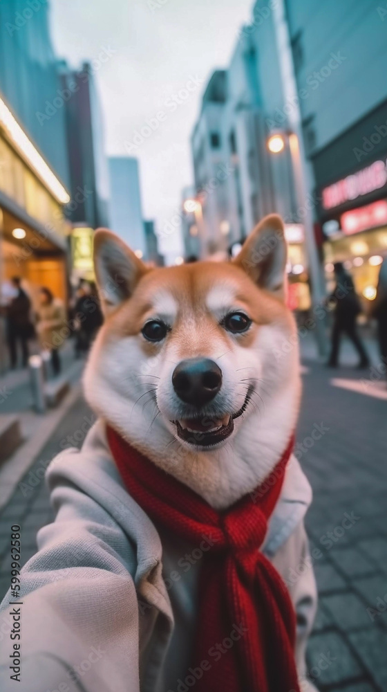 Dog take selfie on Japan trip in Tokyo, Generative AI