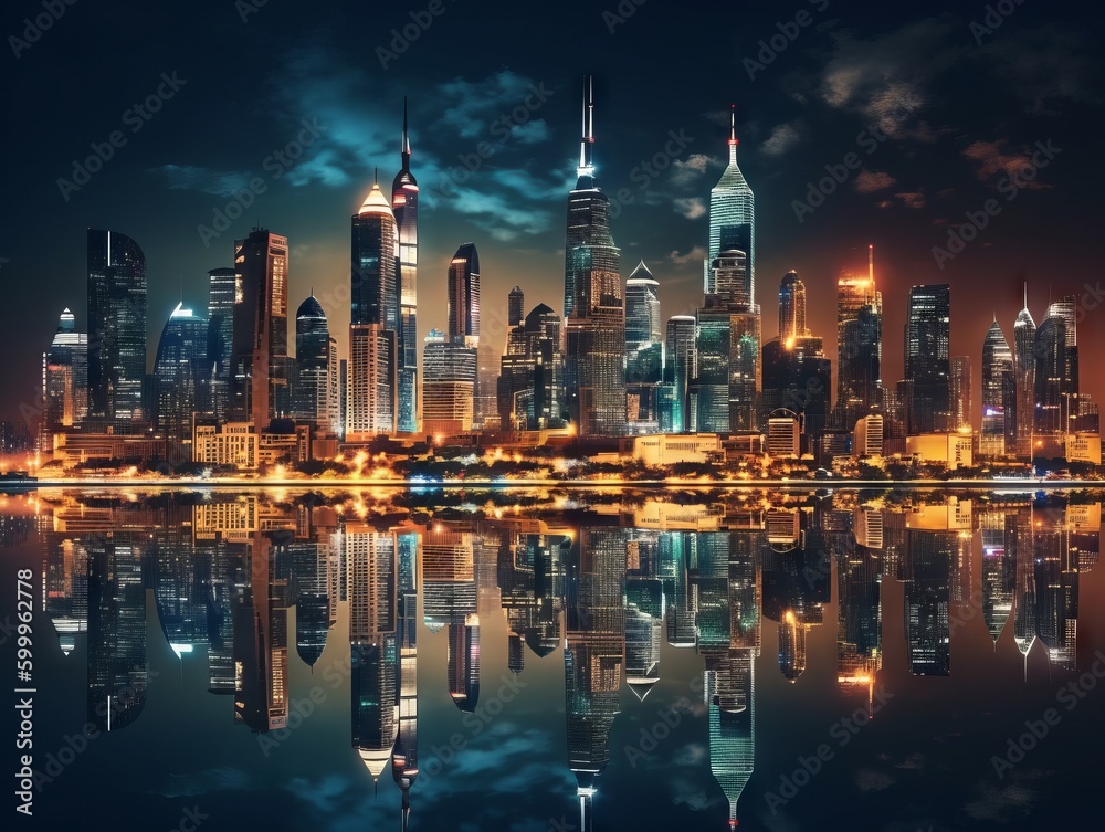 Obraz premium A panoramic view of a city skyline at night, with bright lights and reflections on the water. Generative AI