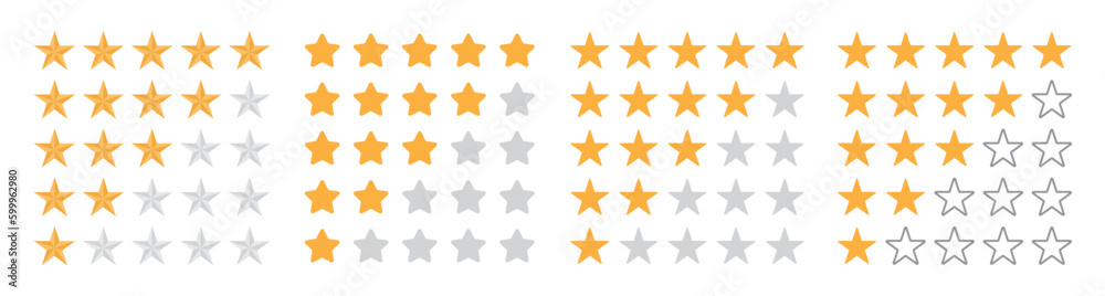 Product rating or customer review with gold stars and half star flat vector icons for apps and websites. Big set stars. Set of rating stars in four different styles. Rating stars set. Product rating or customer review with gold stars and half star flat vector icons for apps and websites. Big set stars. Set of rating stars in four different styles. Rating stars set.
