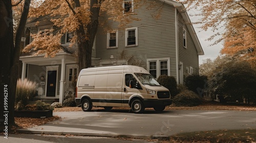 A courier van making a delivery in a suburban. AI generated