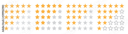 Product rating or customer review with gold stars and half star flat vector icons for apps and websites. Big set stars. Set of rating stars in four different styles. Rating stars set.