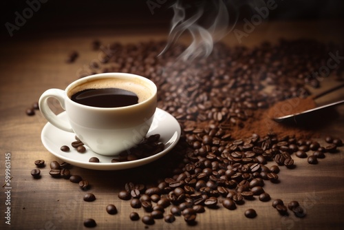 espresso drink bean breakfast brown mug cafe morning aroma cup. Generative AI.
