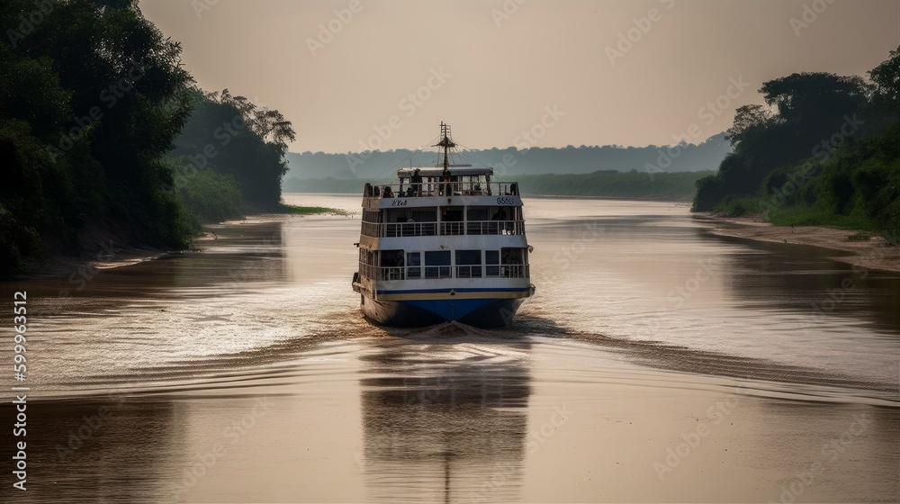 Naklejka premium A ferry crossing a river. AI generated