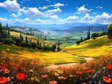 A beautiful landscape with rolling hills, colorful flowers, and a clear blue sky. Generative AI
