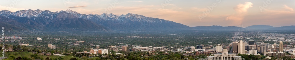 Panorama of the snow-capped mountains surrounding Salt Lake City and part of the city