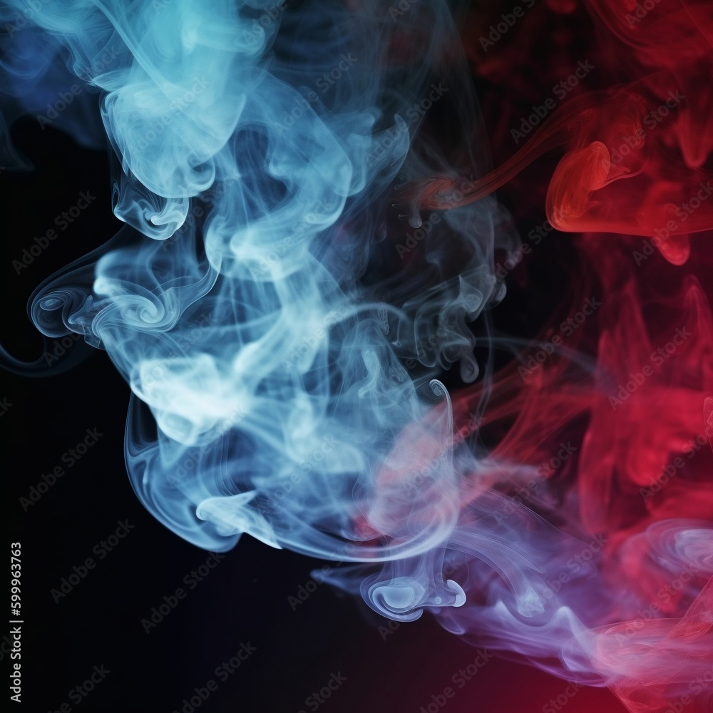 Color smoke abstract background. Cold and hot contrast. Defocused blue red contrast. Vapor floating cloud texture. Generative AI Color smoke abstract background. Cold and hot contrast. Defocused blue red contrast. Vapor floating cloud texture. Generative AI