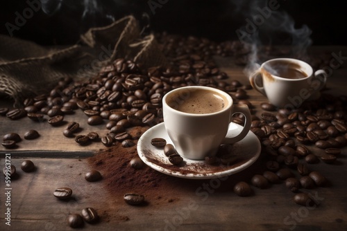 espresso breakfast cup mug morning aroma drink bean brown cafe. Generative AI.