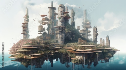 A floating city with multiple levels and layers. AI generated © ArtStage