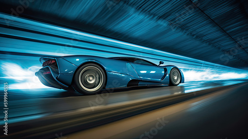 Blue hypercar moves at high speed in a tunnel Generative AI © PaulShlykov