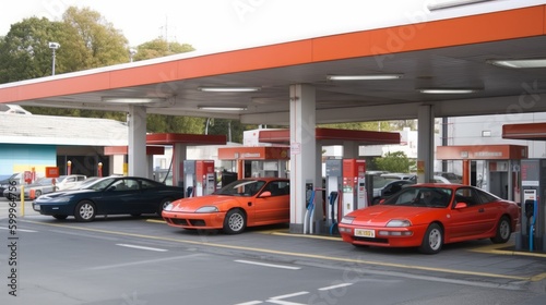 A gas station with pumps and cars. AI generated © ArtStage