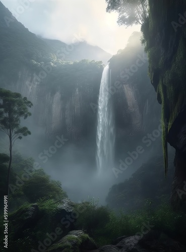 Natural River Waterfall in Green Trees Forest Digital Generated Illustration