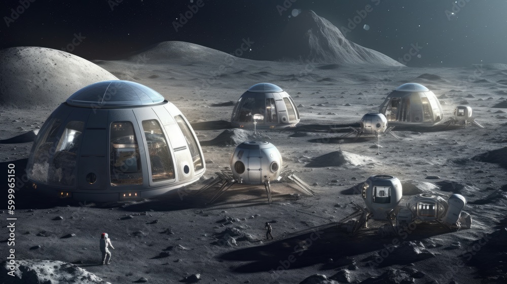 A lunar colony with domed habitats and lunar rovers. AI generated