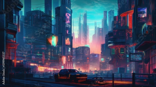 A metropolis cityscape filled with neon lights. AI generated