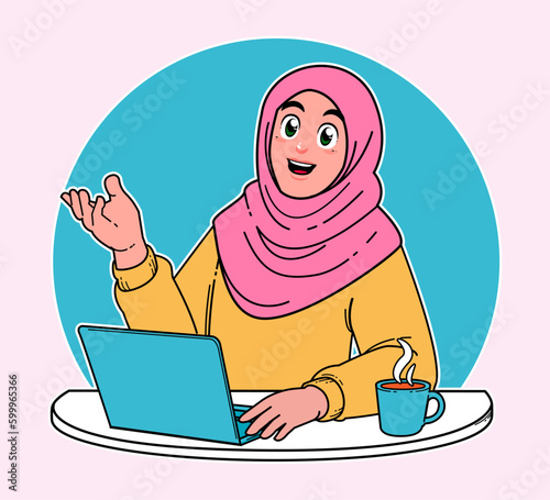 hijab woman, woman working on a laptop, a cup of hot coffee