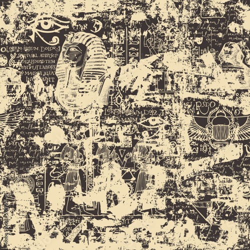 Seamless pattern on an Ancient Egypt theme with color images of Egyptian gods and handwritten text lorem ipsum. Vector abstract background in retro style. Wallpaper, wrapping paper, fabric