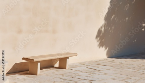 a white bench sitting on the stone pavement