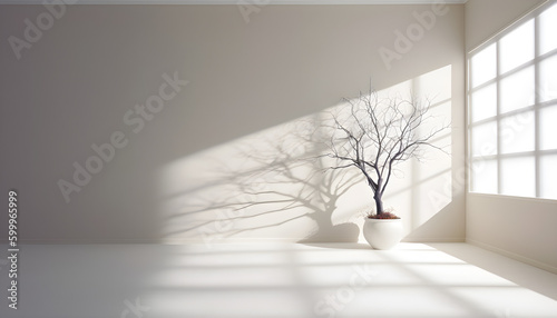a tree sitting on the floor next to a window with the white wall