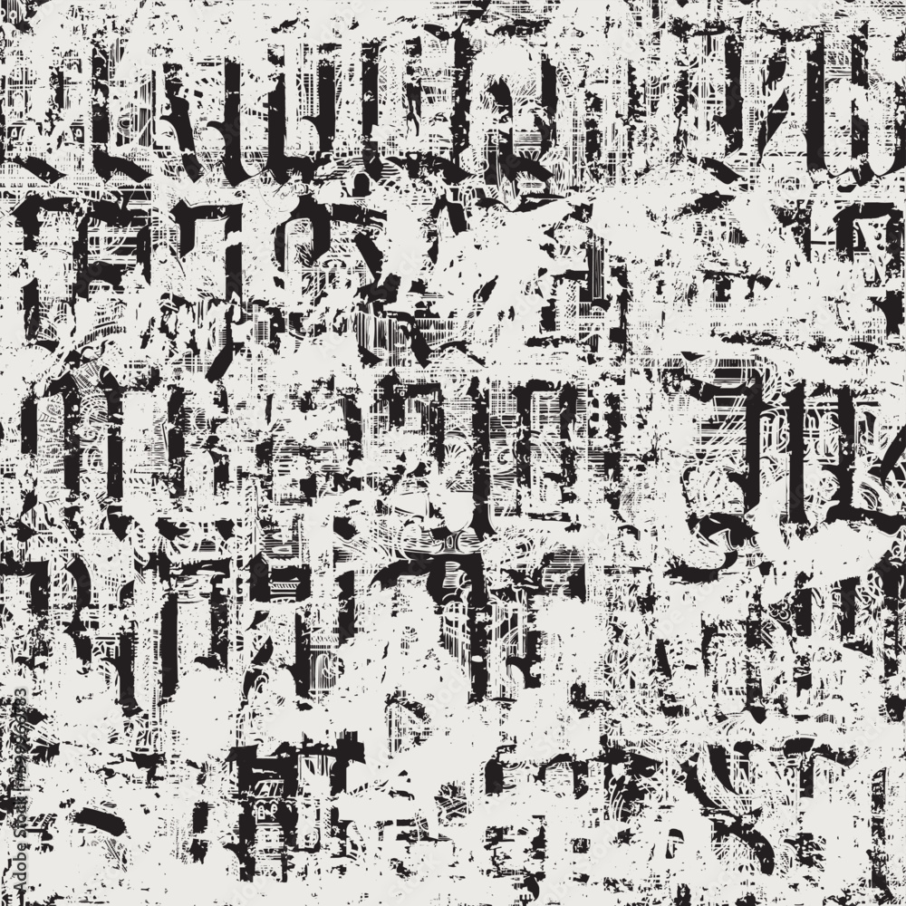 Seamless pattern of ornate Gothic letters. Monochrome repeating background with ancient Latin letters scratched, dirty backdrop. Vector texture, Wallpaper, wrapping paper or fabric in vintage style
