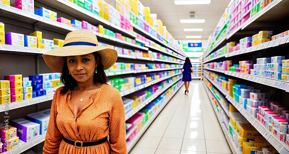 Pharmacy Drugstore: Beautiful Black Young Woman Walking Between aisles and Shelves Shopping Medicine, Drugs, Vitamins, Supplements, Health Care Beauty Products, Modern Package Design. Generative AI