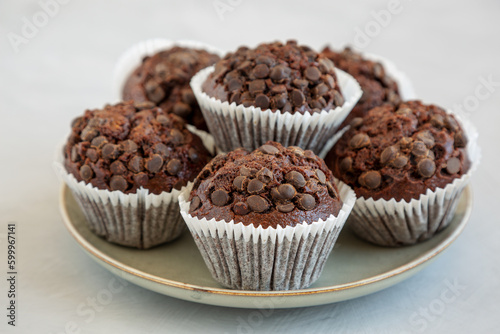 Homemade Dark Chocolate Muffins on a Plate, low angle view.