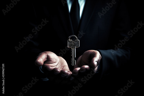 Real estate fraud and scam. Deception in transactions. Shady agent, broker and realtor concept. Businessman in black business suit in dark with house keys. Generative AI photo