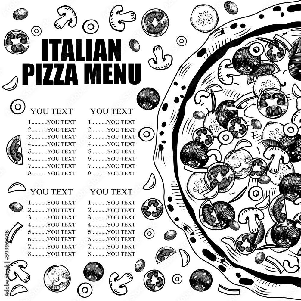 Obraz premium Italian pizza poster. Big round tasty pizza. Conceptual design of a restaurant menu. Vintage engraving stylized line drawing. Vector illustration.