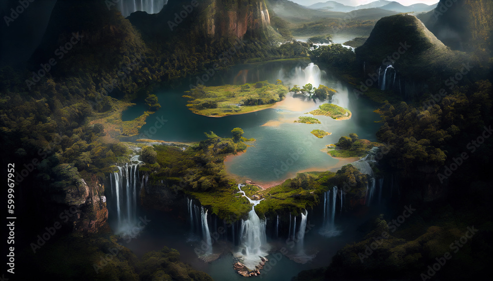Waterfalls With A Large Lake of Landscape Background AI Generative