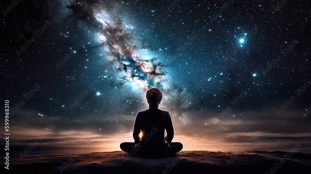 Man sitting in yoga lotus pose and his connection to space. Generative AI Man sitting in yoga lotus pose and his connection to space. Generative AI