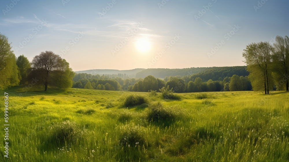 Obraz premium Landscape in summer with trees and meadows in bright sunshine Generative AI