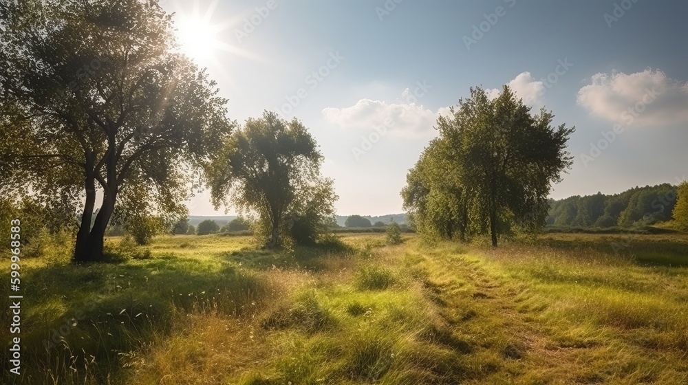 Landscape in summer with trees and meadows in bright sunshine Generative AI Landscape in summer with trees and meadows in bright sunshine Generative AI