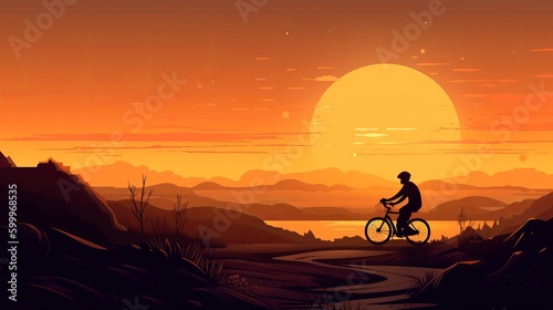 Illustration of a cyclist riding a bike into a sunset, digital art style Generative AI