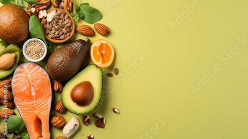 Keto diet concept - salmon  avocado  eggs  nuts and seeds  bright green background  top view Generative AI