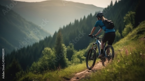 Mountain biking woman riding on bike in summer mountains forest landscape Generative AI © Suleyman
