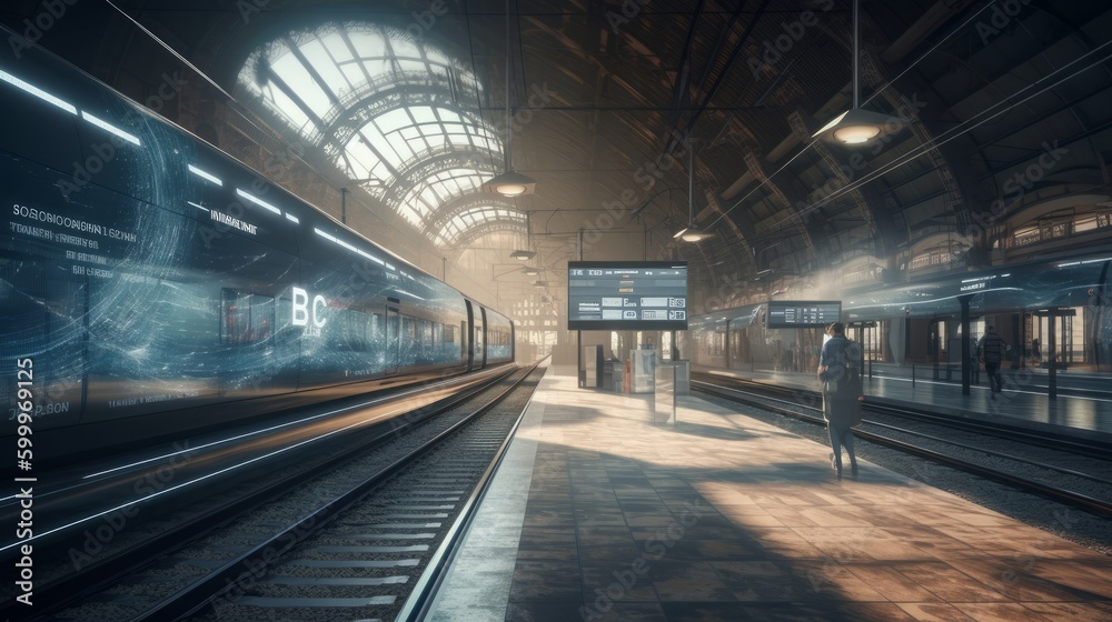 Obraz premium A train station with levitating trains and holograph. AI generated