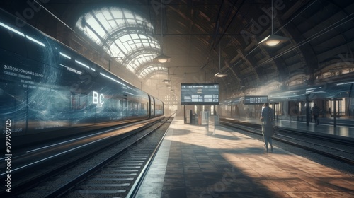 A train station with levitating trains and holograph. AI generated