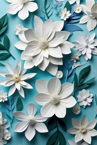 Creative paper abstract 3D flowers background. Beautiful elegant floral design. Generative AI.
