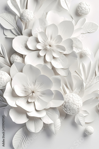 White paper abstract 3D flowers background. Beautiful romantic floral design. Generative AI. © Bisams