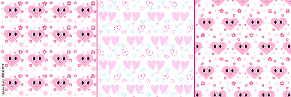 Set of seamless geometric patterns in pastel colors with smiling hearts. Childish style vector illustrations.