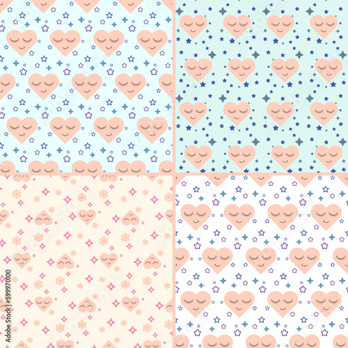 Sweet dreams vector illustrations with happy sleeping smiling hearts. Set of seamless patterns in soft pastel colors.
