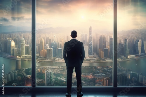 Back view of businessman in suit standing at office looking at city through panoramic window. Generative AI