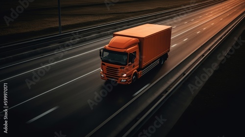An express delivery truck speeding on a highway. AI generated