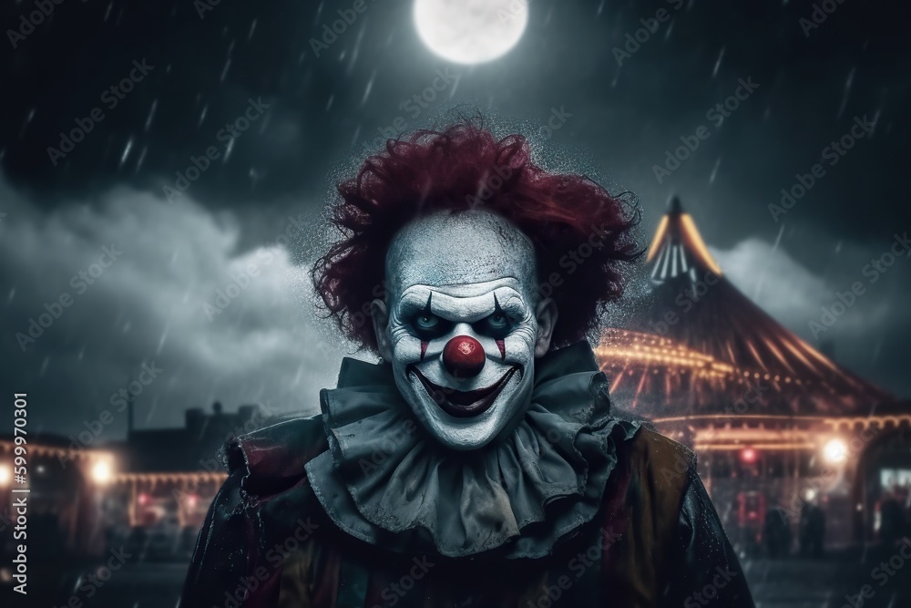 Evil clown. Portrait of scary spooky clown monster from horror movie with vintage circus on background. Generative AI Evil clown. Portrait of scary spooky clown monster from horror movie with vintage circus on background. Generative AI